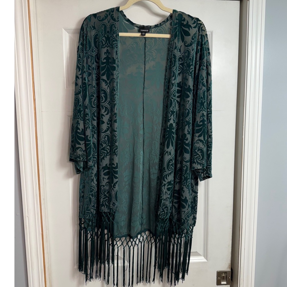 Torrid Green Burnout Velvet Damask Kimono Cardigan Fringe Plus Size 3/4 USA Made